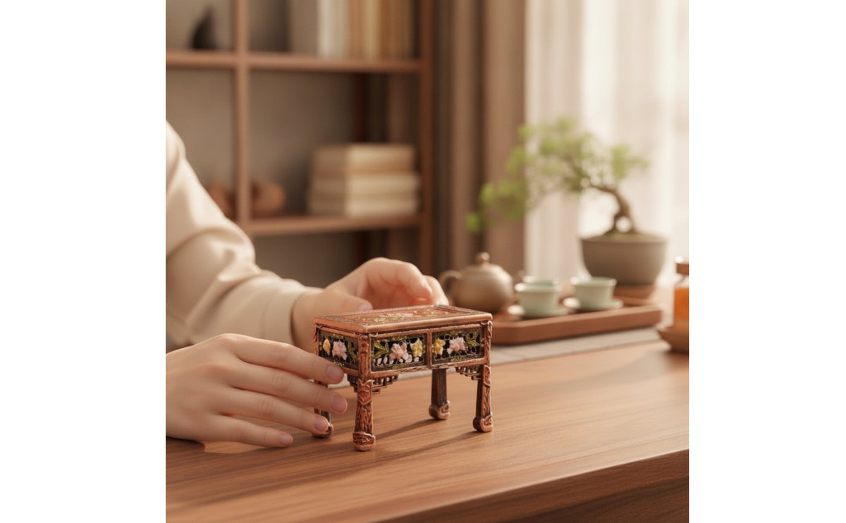 Cloisonne-Inspired Miniature Table with Floral Inlay Traditional Chinese Miniature Table with Enamel Panels Vintage Display Stand Ornate for Collectors, Decorators, Micro-Landscape, Desktop