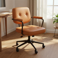 Ergonomic Backrest Tufted Leather Desk Chair 360 Degree Swivel Rolling Office Armchair Adjustable Height Upholstered Computer Chair for Students, Study Room