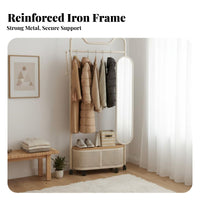 Complete Design Rolling Coat Rack with Mirror Space-Saving Rolling Clothes Rack with Shelves Easy Assembly Garment Stand Sturdy Construction for Renters, Students, Adults, Bedroom, Entryway, Small Apartment, Dorm Room