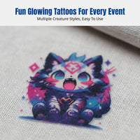 Kids Temporary Skin Decal Sticker, Glow-in-the-Dark, Cute Cat Dog Creature, Navy, Party Decor