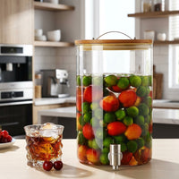 Water Dispenser with Hammered Glass, Juice Refreshment Dispenser with Bamboo Lid and Wooden Stand, Sealed Home Bar Iced Tea Accessories