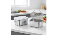 2 Pieces Food Storage Container with Drain Basket Brushed Stainless Steel Container with Colander Rust-Resistant