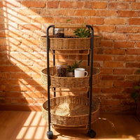 Imitation Rattan Rolling Cart Detachable 3 Tier Basket Shelf Versatile Woven Tiered Rack for Balcony