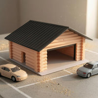 Gabled Roof Parking Garage Model Beige Log-Style Walls Miniature Parking Garage Open-Front