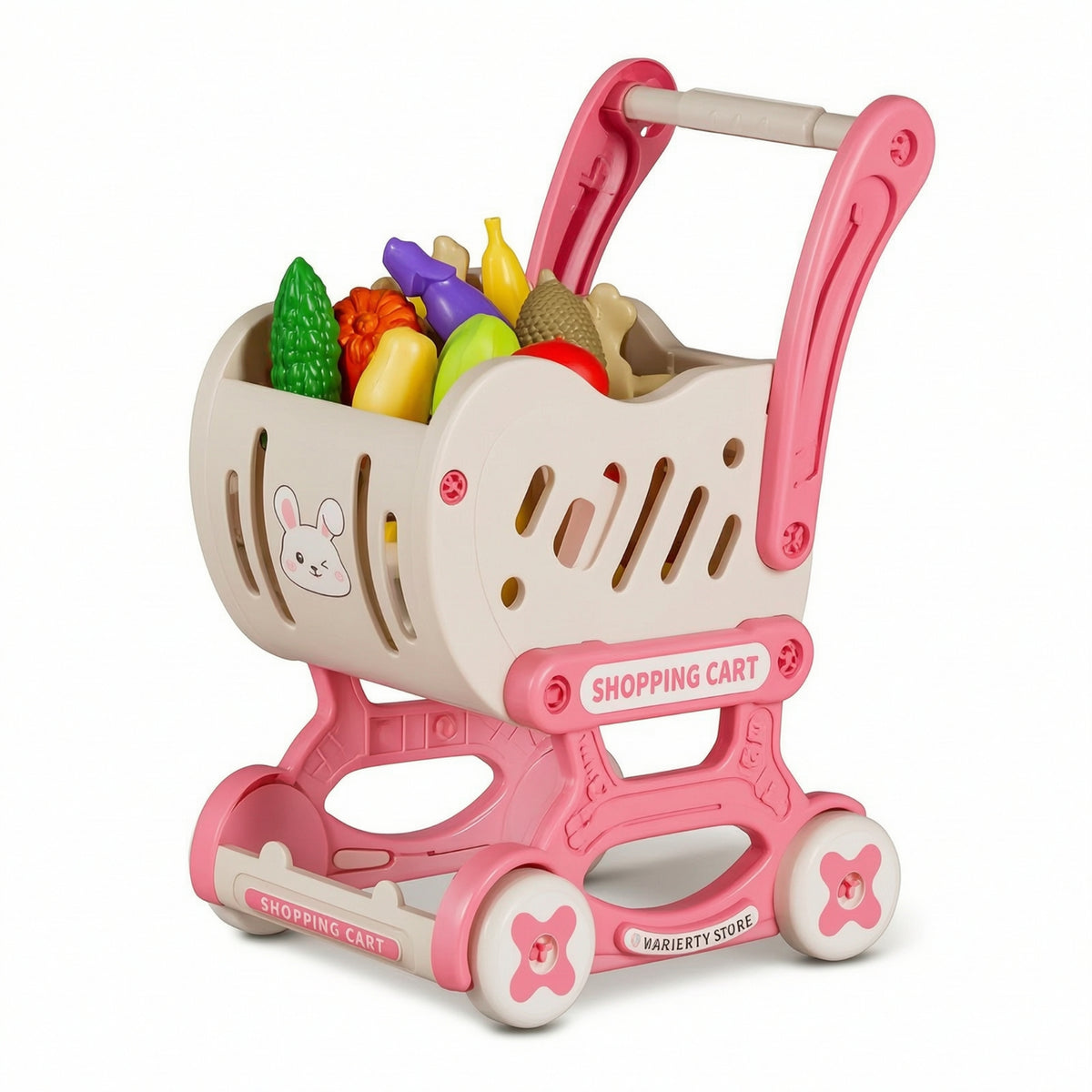 Hippo Supermarket Pretend Play Set with Shopping Cart, Fruits, Vegetables, BBQ, Snacks, and Cutting Toys