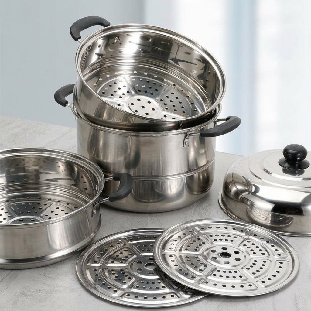 Induction Hob Food Steamer and Vegetable Steamer, Stainless Steel Steam Pot with Lid, Rust-Resistant Home Cookware, Heat-Insulated Handles