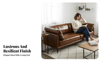 Straight-Line Leather Sofa Caramel Brown Color Living Room Furniture Vintage Aesthetic Couch for Apartment Dwellers, Homeowners, Den