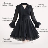 Wedding Guest Dresses for Women with Long Sleeves, Sheer Fabric V Neck Midi Dress with Ruffle Trim, Loose up to 8XL