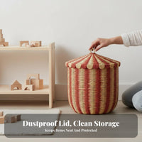Round Lidded Container Built-in Handles Coiled Rope Basket with Cover for children