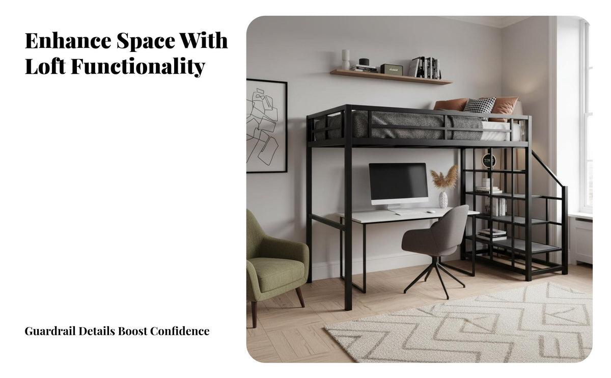 Dormitory Loft Bed Nordic Design Metal Loft Bed with Desk Space Saving for Young Adults, Teenagers, Small Areas, Studio Apartment, Home Office