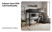 Dormitory Loft Bed Nordic Design Metal Loft Bed with Desk Space Saving for Young Adults, Teenagers, Small Areas, Studio Apartment, Home Office