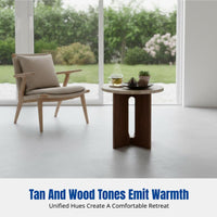 Travertine Wabi-Sabi Coffee Table, Minimalist Round Side Table with Wood Legs, Vintage Bedside Table, Living Room Accent Table