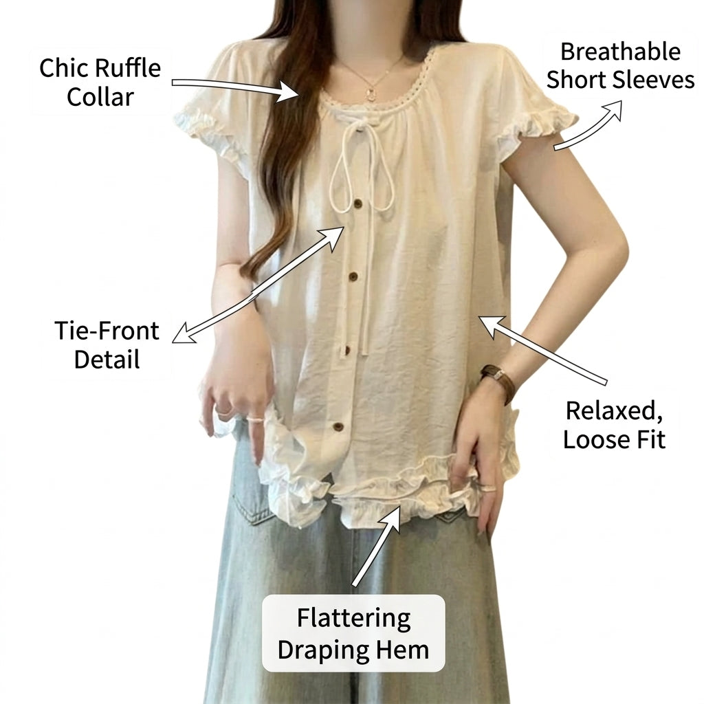Women Short Sleeve Shirt with Round Neck and Ruffle Hem for Summer, Loose Fit for Casual Wear, Comfortable Polyester Blouse