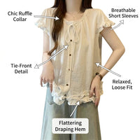 Women Short Sleeve Shirt with Round Neck and Ruffle Hem for Summer, Loose Fit for Casual Wear, Comfortable Polyester Blouse