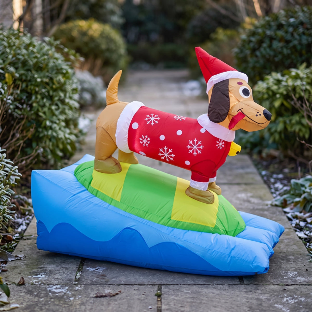 Outdoor Christmas Inflatable Dachshund Festive Inflatable Dog with Surfboard Quick Inflating Inflate Dachshund Easy to Use for Homeowners