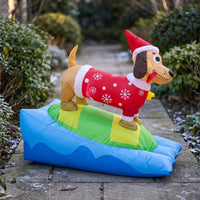 Outdoor Christmas Inflatable Dachshund Festive Inflatable Dog with Surfboard Quick Inflating Inflate Dachshund Easy to Use for Homeowners
