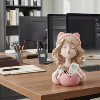 Pink Figurine Pen Holder Sculpted Girl Figurine Organizer Aesthetic Desk Organizer with Container Cartoon for Vanity