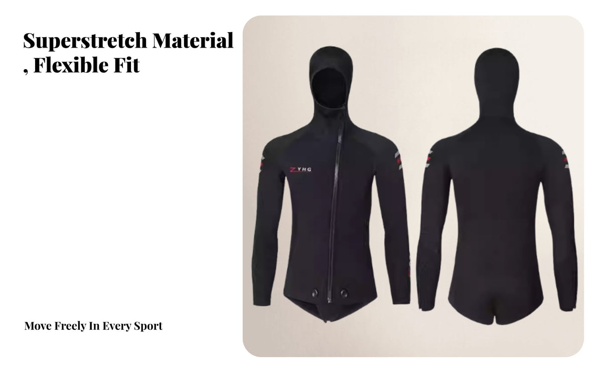 Two-Piece Wetsuit, Front Diagonal Zip, Stretch Closure, Pro Freediving, Spearfishing, Snorkeling, Winter for Men