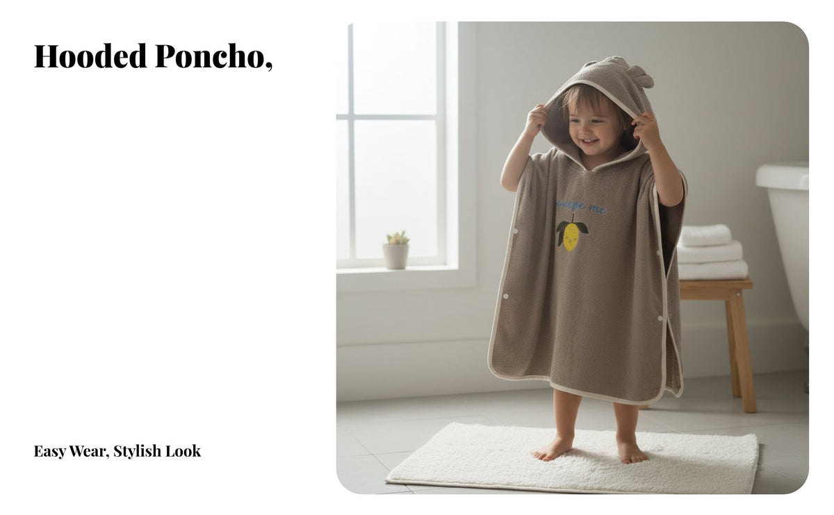Hooded Bath Towel Poncho for Children, Cartoon Design, Absorbent, Bathrobe
