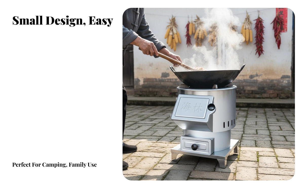 Thickened Wood Burning Stove, Portable Outdoor Firewood Cooker, Mobile Rural Camping Stove with Pot Ring