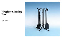 Fireplace Tool Set, Iron Tongs, Poker, Brush, Black Metal, Kit for Wood Stove Cleaning and Fuel Management
