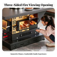 Wood Burning Fireplace, Three-Sided Viewing pane, Smokeless Heating Stove for Indoor Rural Home