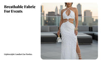 Elegant Alabaster Hollow Ruffle Maxi Dress, Sleeveless Halter Neck