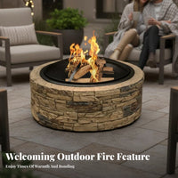 Patio Fire Bowl, Outdoor Wood Burning Fire Pit, Metal Stone Texture, Decorative Campfire Basket for Villa, Hotel