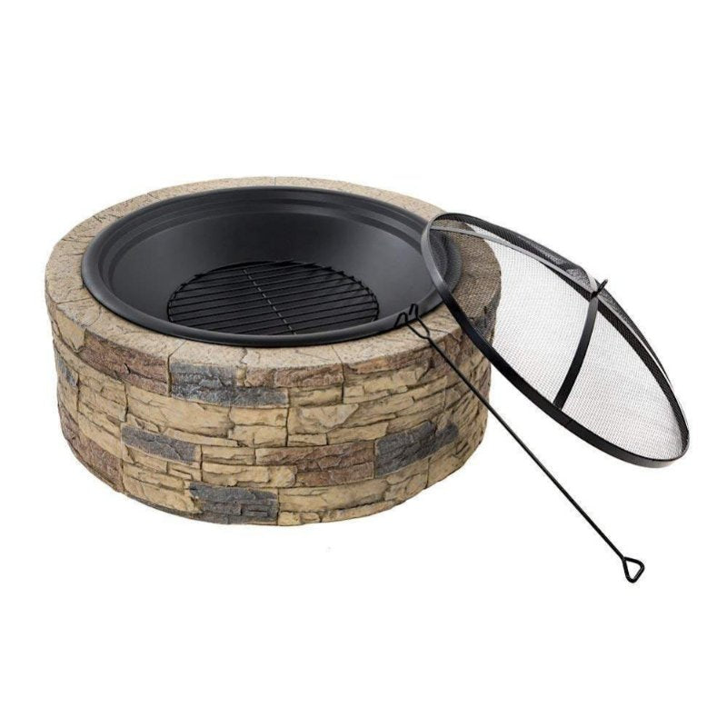 Patio Fire Bowl, Outdoor Wood Burning Fire Pit, Metal Stone Texture, Decorative Campfire Basket for Villa, Hotel