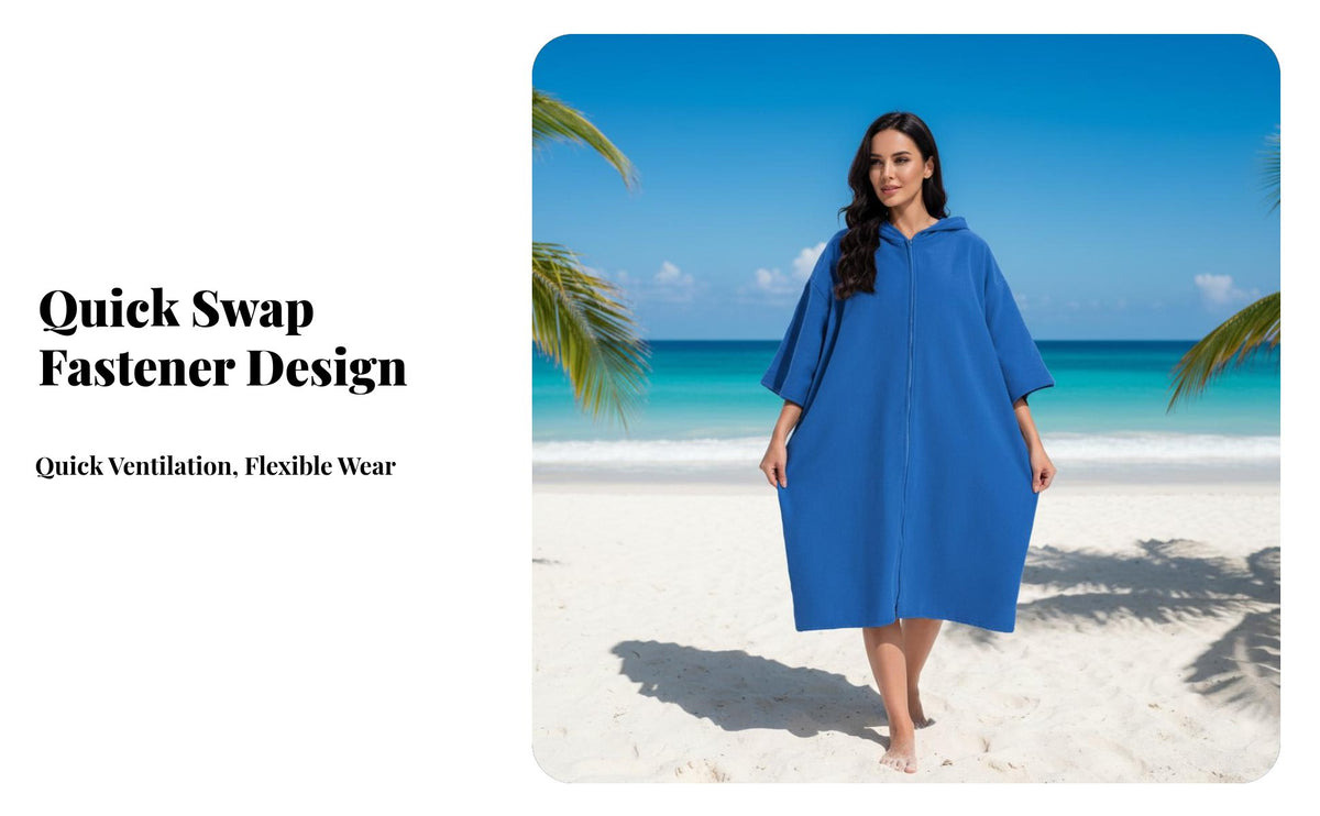 Quick-Dry Microfiber Beach Towel Poncho, Hooded, fastener, Outdoor Changing