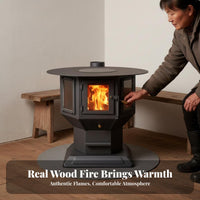 Three-Sided Viewing Fireplace, Wood Burning Real Flame Stove, Indoor Heating, Multi-Functional Oven