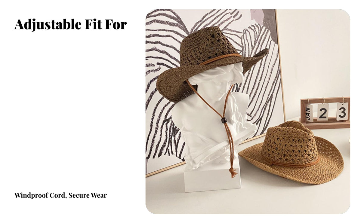 Hat, Western Cowboy design, Hollow open Jazz Sun Hat, Handwoven, Adjustable for Women Summer
