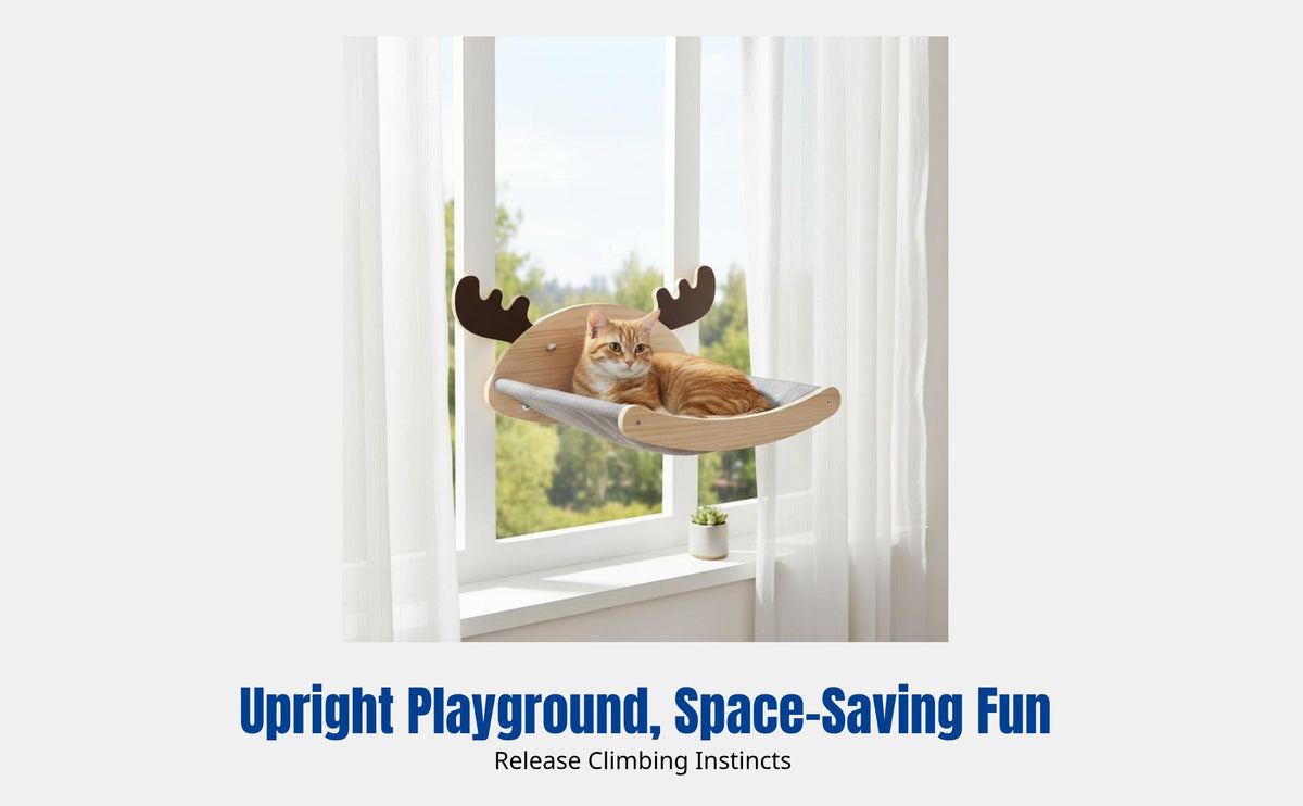 Wall-Mounted Cat Climbing Frame, No-Drill Solid Wood Cat Scratching Post, Space-Saving Cat Window Perch