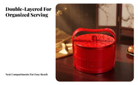 Wedding Double Tier Fruit Tray, Portable Basket, Red Plastic Food Box, Compartment Pastry Holder
