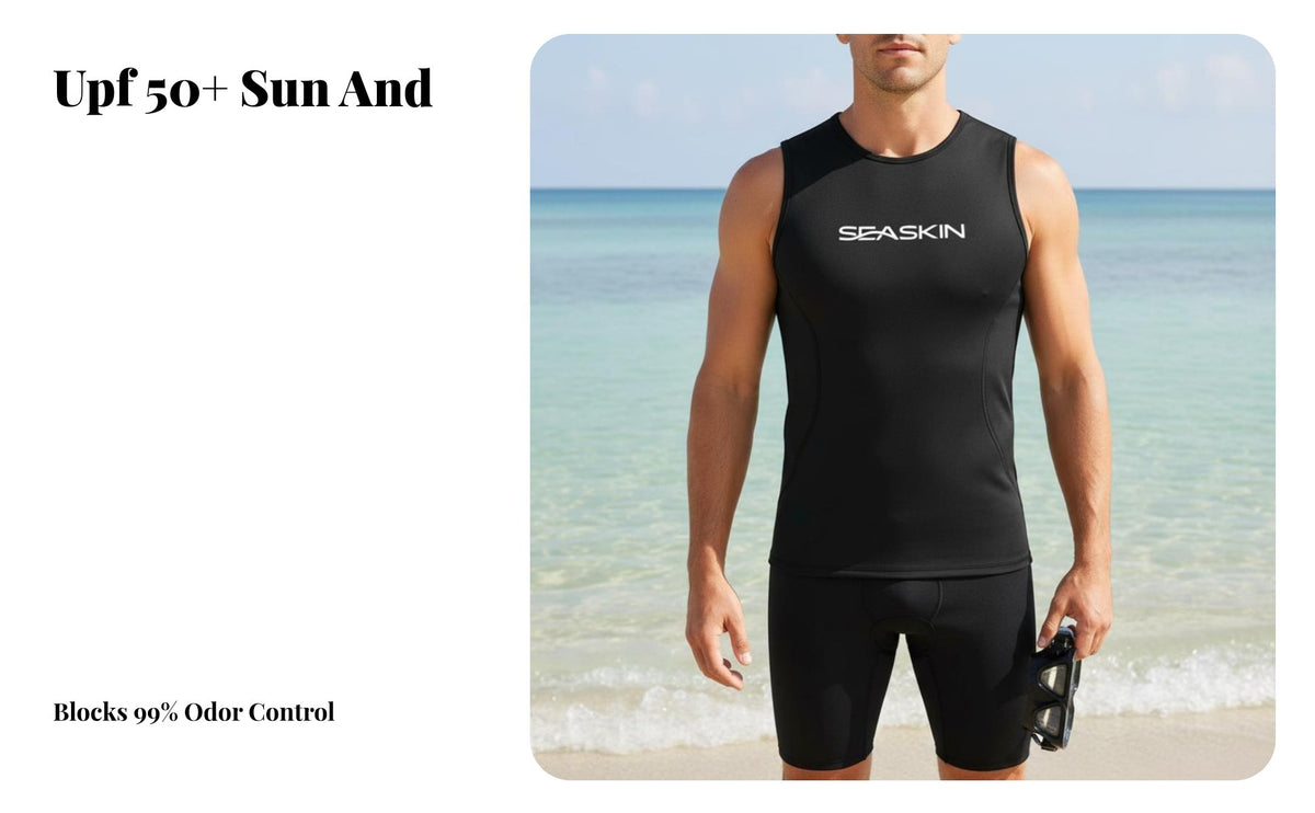 Men's Sleeveless Wetsuit, 1.7mm super Stretch Black Short Top, UPF 50+ Surfing Diving Suit
