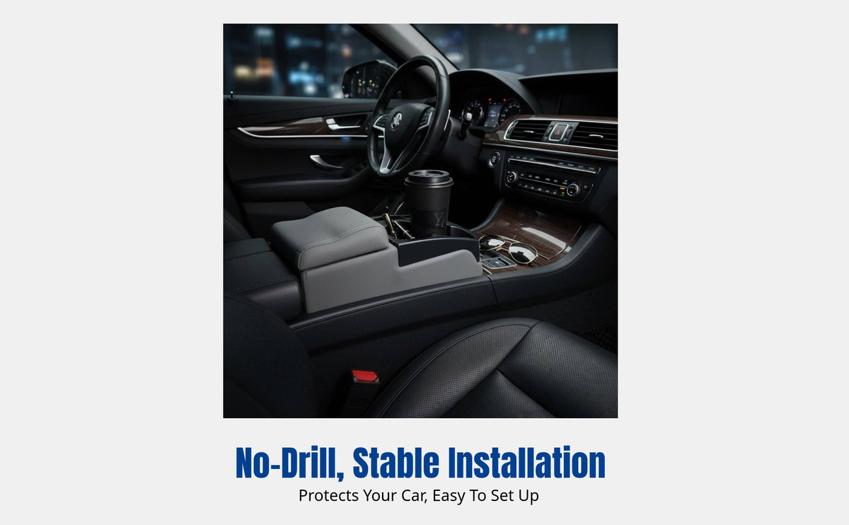 Universal Car Center Armrest Box, No-Drill Install, Front & Rear Cup Holder, Large Storage