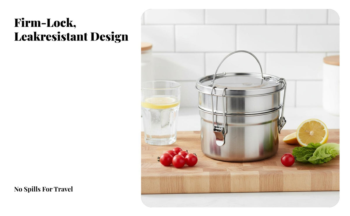 304 Stainless Steel Round Lunch Box, Multicompartment, Leakproof, Portable, Outdoor Use