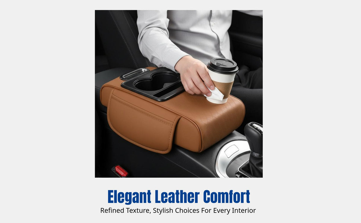 Universal Car Armrest Pad, Multifunctional Heightening Pad with Beverage Holder, Storage, Tissue Box, Leather, Random Color