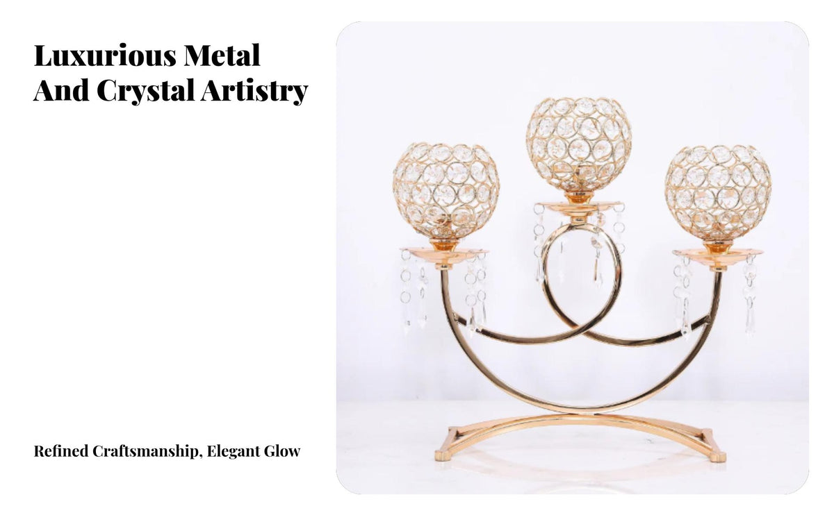 European Metal Candle Holder, Vintage 3-Head Stand, Crystal Globe Decor, Wedding Centerpiece