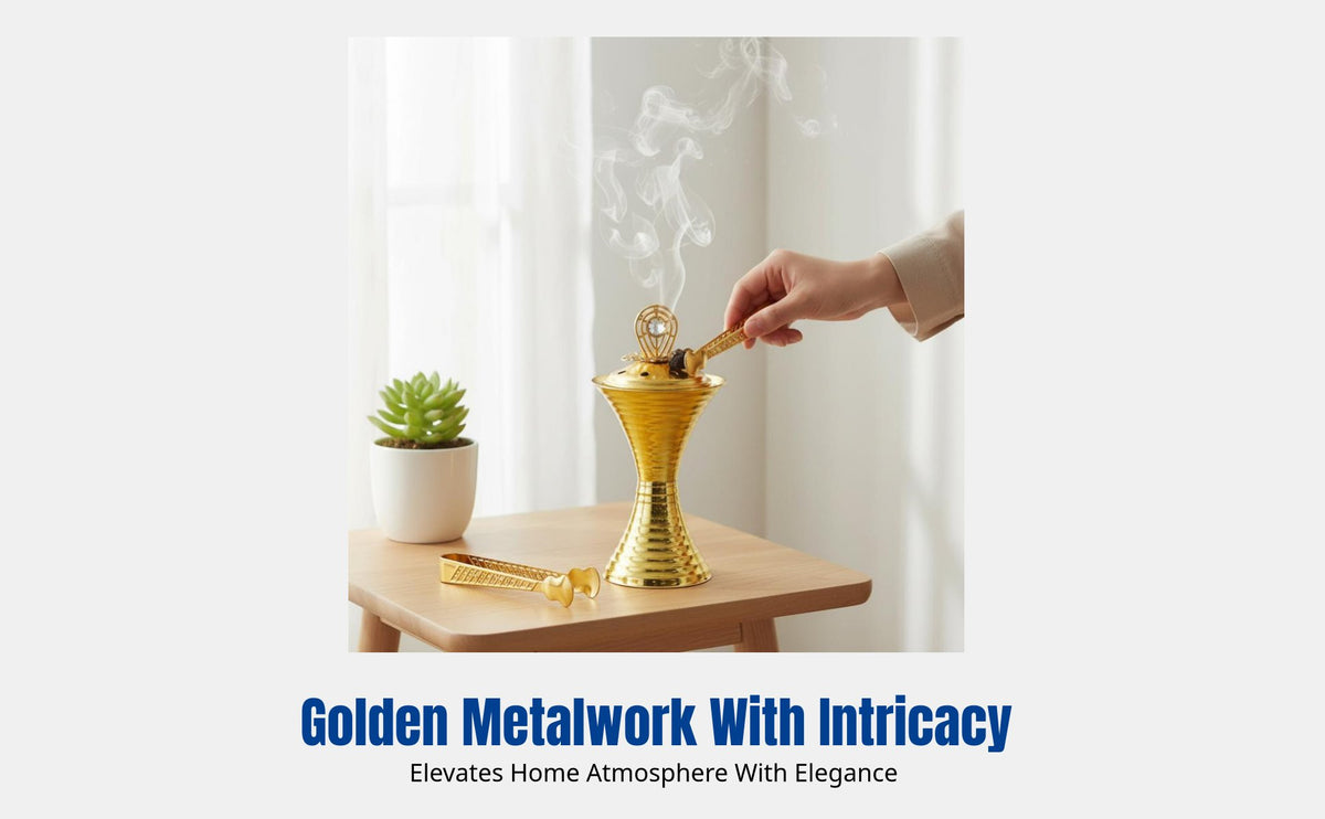Arabian Iron Incense Burner, Gold Threaded Metal, Charcoal Holder, Candle Stand, Indoor Decor