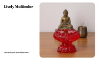 Glass Candle Holder, Multicolor Tall Butter Lamp, Embossed Buddhist Altar Vessel