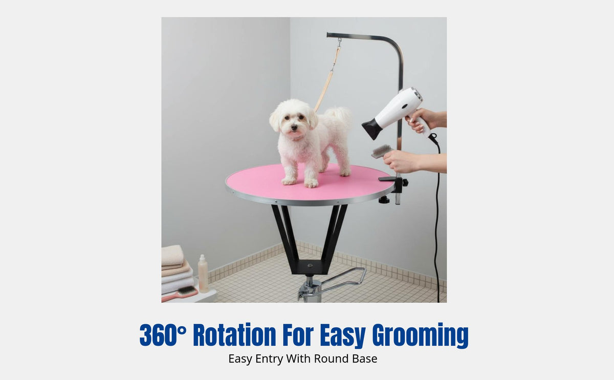 Pet Grooming Table, Hydraulic Lift, Round Top, Bathing, Drying, Trimming, Stand with Bar