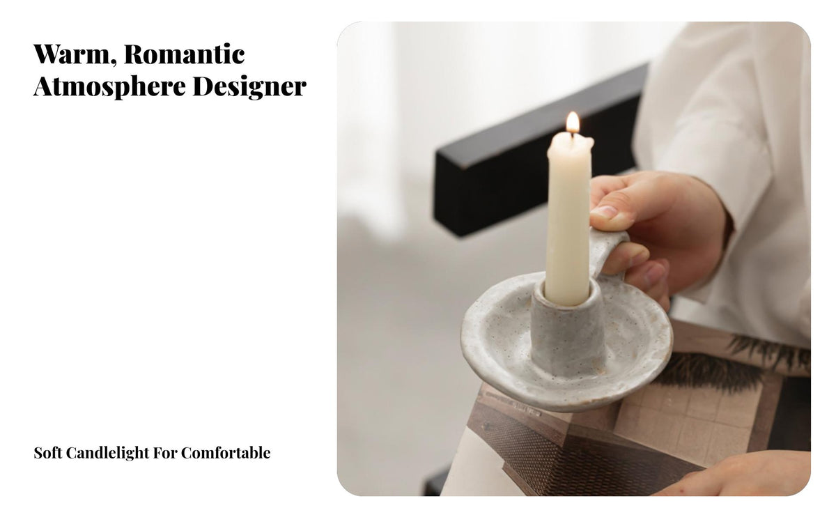 Chamberstick Matte Candle Holder with Handle Minimalist Ceramic Candlestick with Handle for Simplicity Enthusiasts, Dining Table, Bedroom