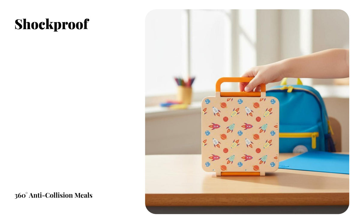 Portable Bento Box, Cartoon Design, 4 Compartments, Leakproof, Handle, for Students, Kids