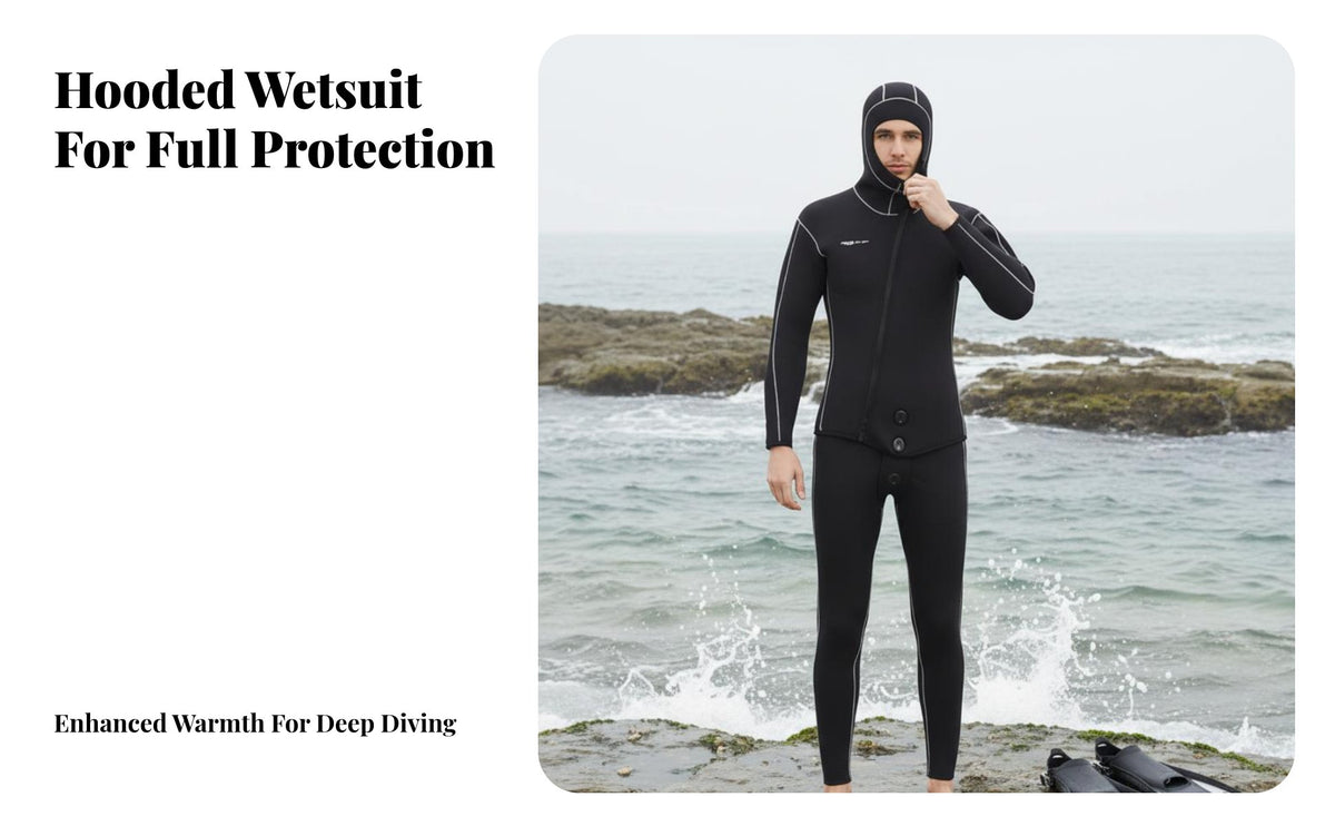 5mm Neoprene Wetsuit, Hooded Two-Piece, Front Diagonal fastener, Thermal Protection for Diving, Surfing, Freediving