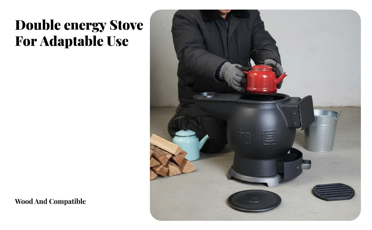 Winter Heating Stove, Cast Iron Multienergy Heater, Rural Farmhouse, Wood Cooking, Integrated Design