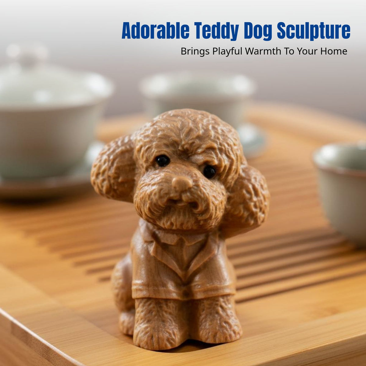 Thuja Wood Teddy Dog Tea Pet, Cartoon Figurine, Home Decor Sculpture
