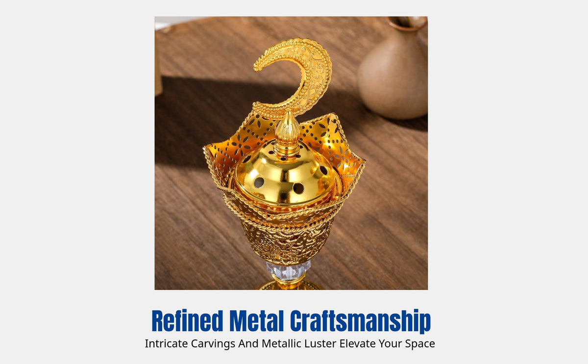 Gold Hollow Moon Incense Burner, Metal Charcoal Holder, Middle Eastern Decor for Living Room, Wedding