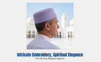 Embroidered Muslim Prayer Cap for Men, Flat Top, Round Border, Cream, Light Lavender, Middle-aged