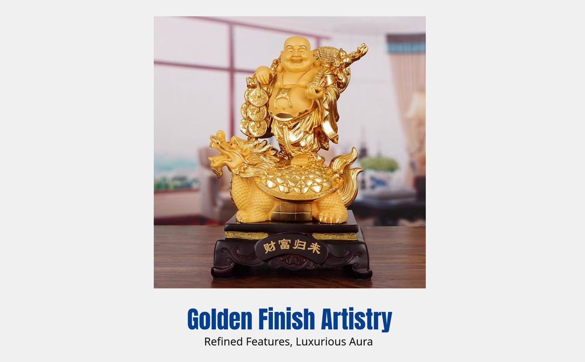 Fortune Buddha Statue, Resin Maitreya Figurine, Gold Guardian Turtle Decor for Office, Living Room, Shop
